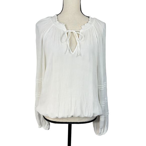 Sanctuary Large Top Semi-Sheer Long Balloon Sleeves Keyhole V-Neck Smocked White - Picture 1 of 8
